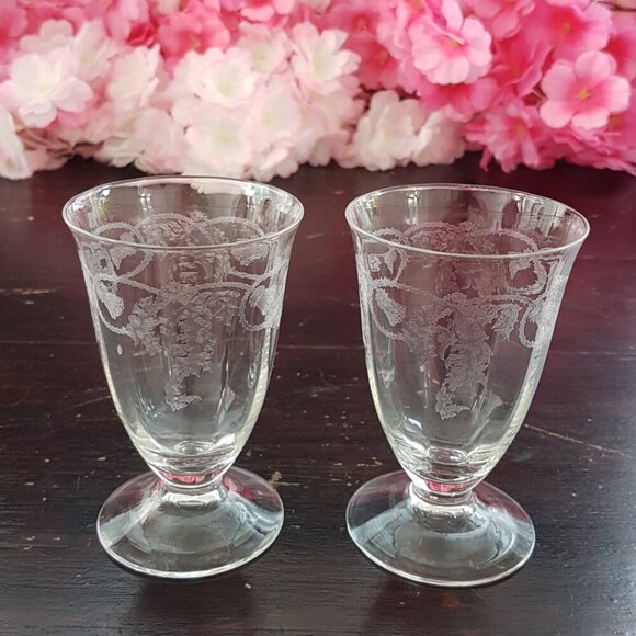 2pc Vintage Bohemia Czech Crystal Etched Thistle 4oz Juice Glasses - Picture 3 of 7